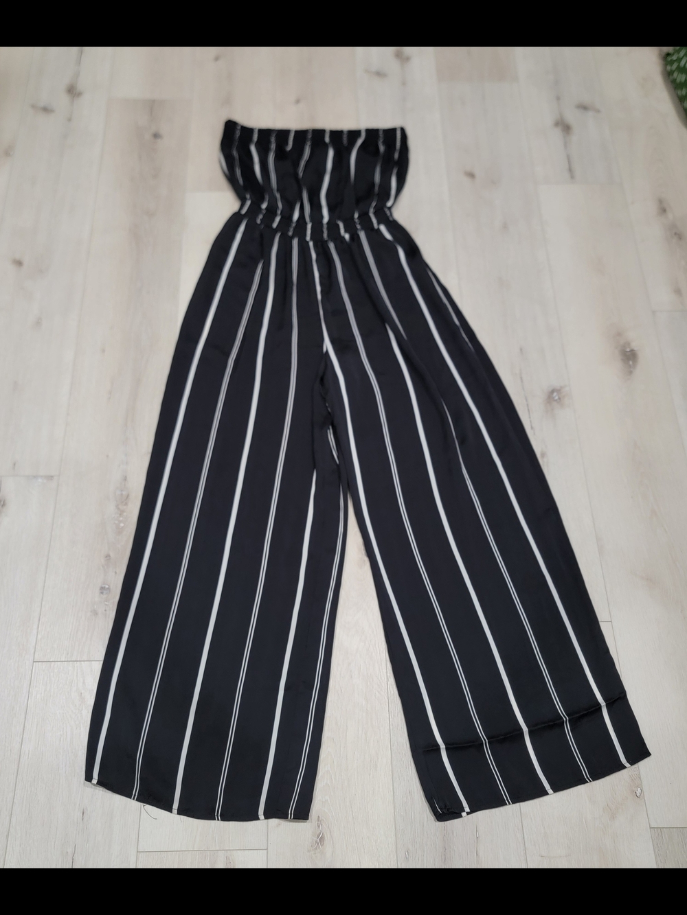Forever 21 Black and White Vertical Stripe Strapless Wide-Leg Jumpsuit